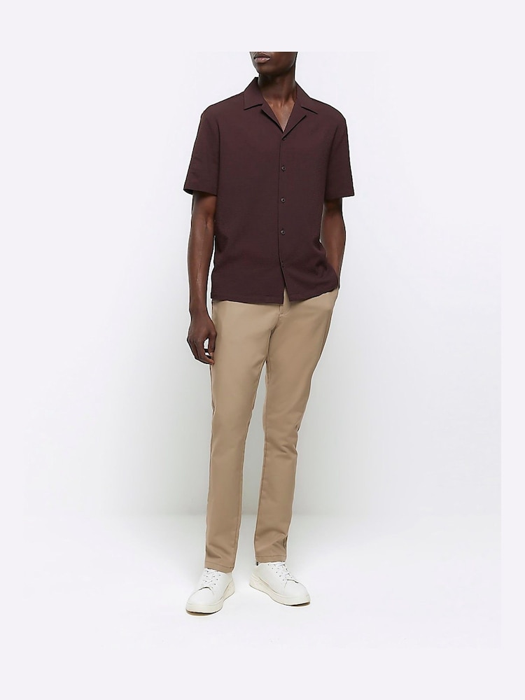 River Island Brown Short Sleeve Seersucker Revere Shirt - Image 1 of 4 River Island Brown Short Sleeve Seersucker Revere Shirt - Image 1 of 4