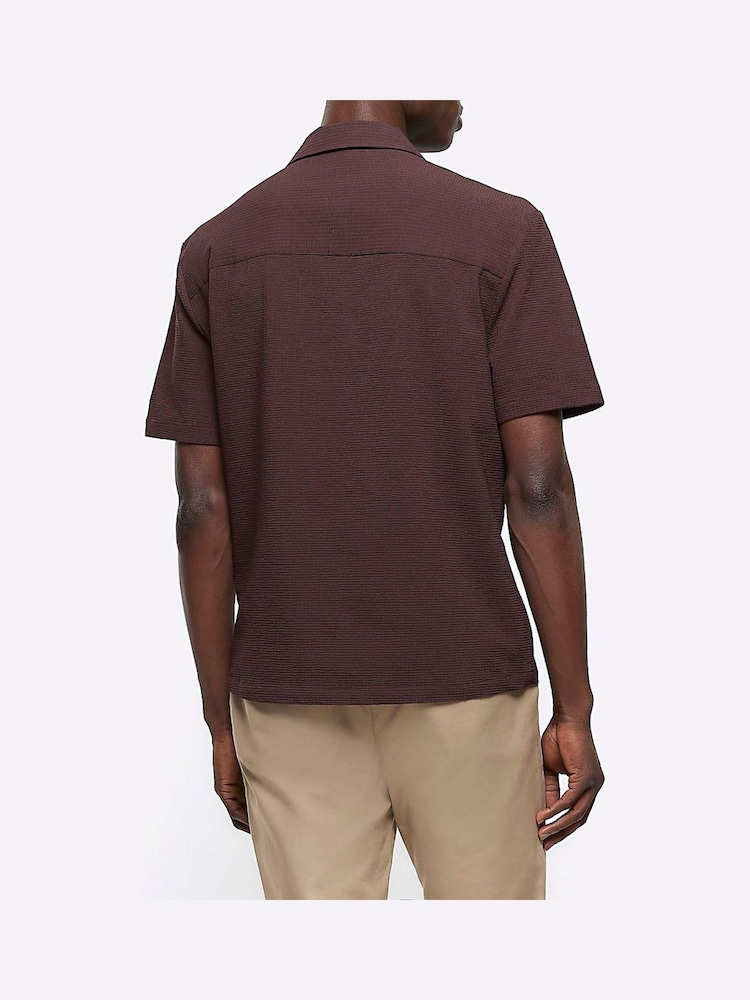 River Island Brown Short Sleeve Seersucker Revere Shirt - Image 2 of 4 River Island Brown Short Sleeve Seersucker Revere Shirt - Image 2 of 4