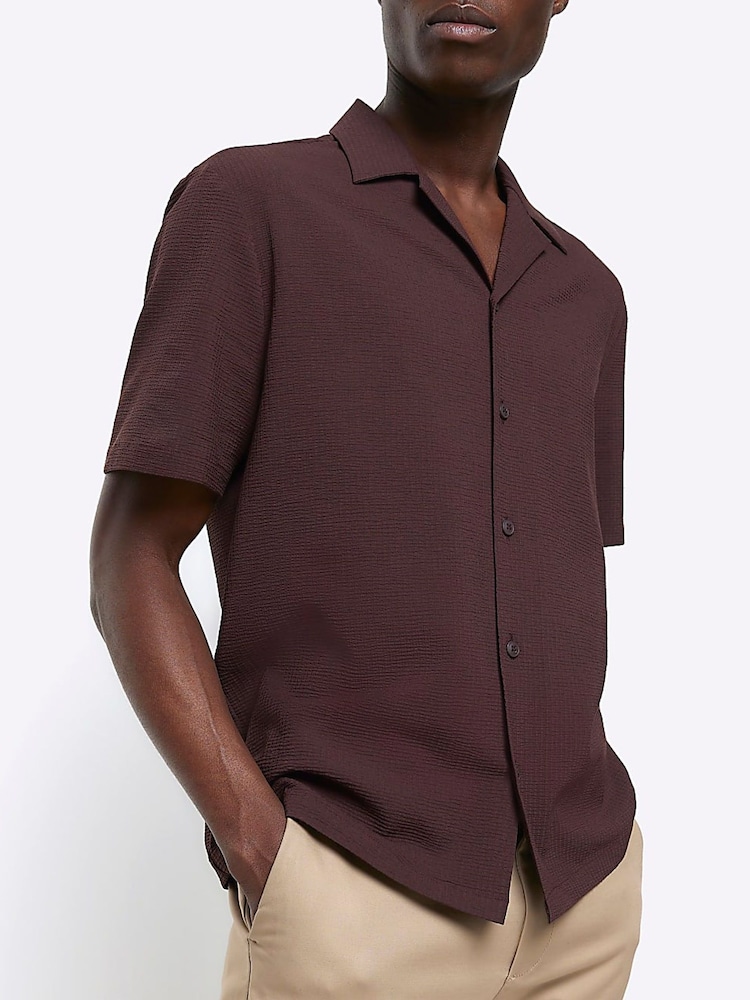 River Island Brown Short Sleeve Seersucker Revere Shirt - Image 4 of 4 River Island Brown Short Sleeve Seersucker Revere Shirt - Image 4 of 4