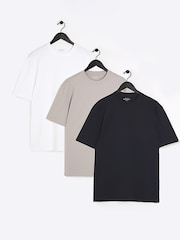 River Island Stone/White/Navy 3 Pack Regular Fit 100% Cotton T-Shirts - Image 1 of 4