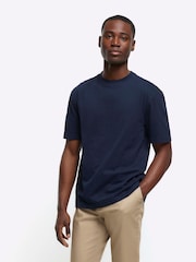 River Island Stone/White/Navy 3 Pack Regular Fit 100% Cotton T-Shirts - Image 2 of 4