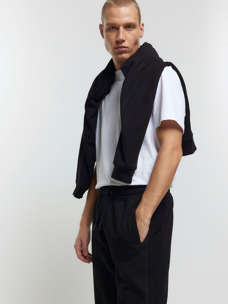 River Island Black Rib Panel Elasticated 100% Cotton Joggers - Image 3 of 3 River Island Black Rib Panel Elasticated 100% Cotton Joggers - Image 3 of 3