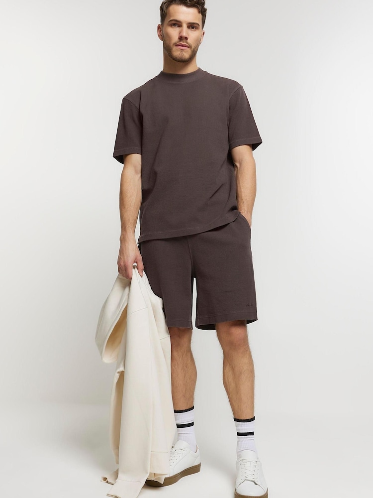 River Island Brown Regular Fit Washed Waffle T-Shirt - Image 1 of 4