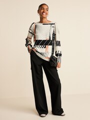 Black/White/Orange Geo Swirl Long Sleeve Crew Neck Cuff Blouse - Image 2 of 6