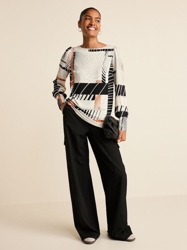 Black/White/Orange Geo Swirl Long Sleeve Crew Neck Cuff Blouse - Image 2 of 6 Black/White/Orange Geo Swirl Long Sleeve Crew Neck Cuff Blouse - Image 2 of 6