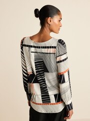 Black/White/Orange Geo Swirl Long Sleeve Crew Neck Cuff Blouse - Image 3 of 6