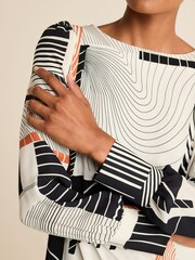 Black/White/Orange Geo Swirl Long Sleeve Crew Neck Cuff Blouse - Image 4 of 6