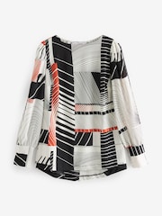 Black/White/Orange Geo Swirl Long Sleeve Crew Neck Cuff Blouse - Image 5 of 6