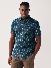 Navy Blue Peacock Regular Fit Printed Short Sleeve Shirt - Image 1 of 7