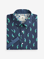 Navy Blue Peacock Regular Fit Printed Short Sleeve Shirt - Image 5 of 7