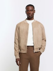 River Island Natural Regular Fit Suedette Bomber Jacket - Image 1 of 6