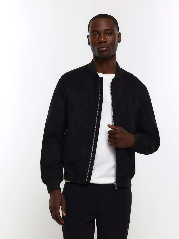 River Island Black Regular Fit Suedette Bomber Jacket - Image 1 of 10