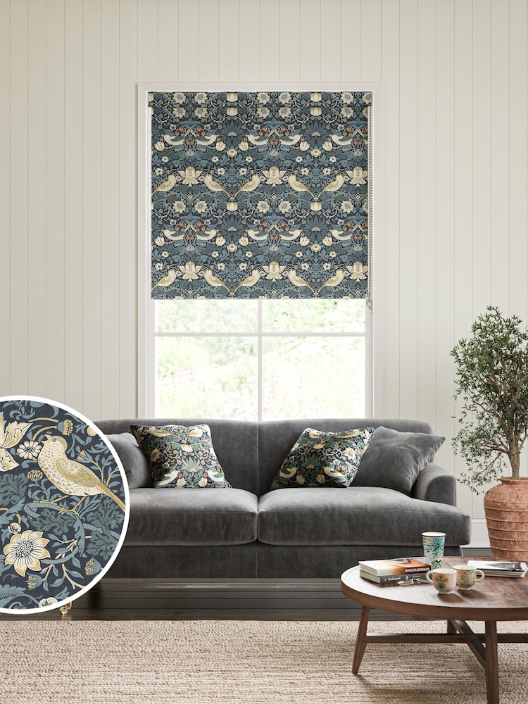 William Morris At Home Indigo Blue Strawberry Thief Made To Measure Roller Blind - Image 1 of 6