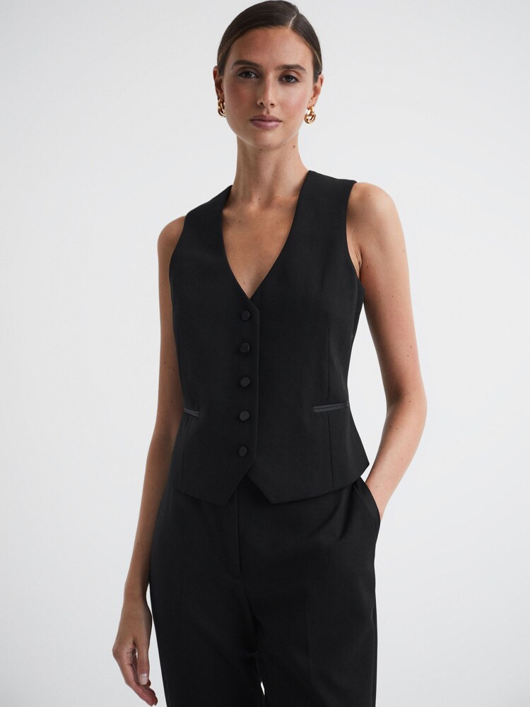 Reiss Black Alia Single Breasted Satin Suit Waistcoat - Image 1 of 4 Reiss Black Alia Single Breasted Satin Suit Waistcoat - Image 1 of 4