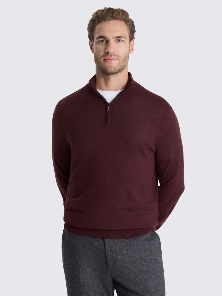 MOSS Red Merino-Blend Zip-Neck Jumper - Image 1 of 4 MOSS Red Merino-Blend Zip-Neck Jumper - Image 1 of 4