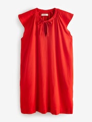 Red Linen Blend Tie Neck Mini Summer Dress - Image 4 of 5