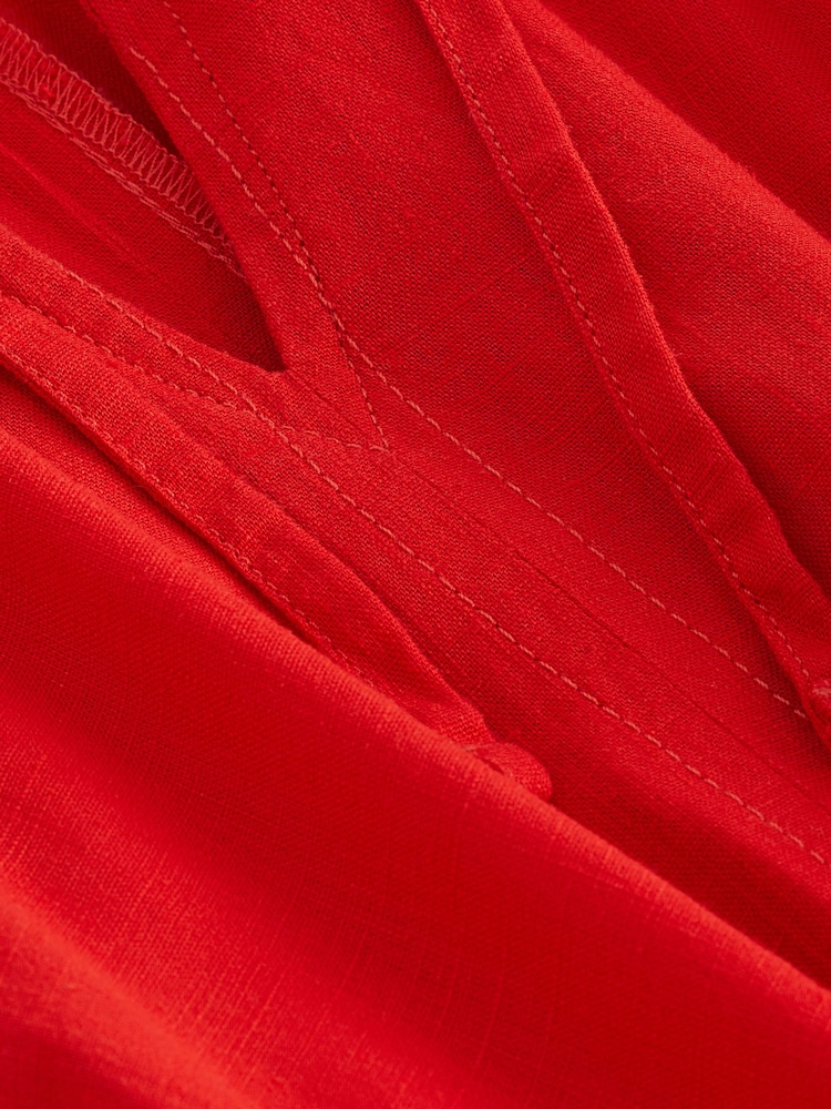 Red Linen Blend Tie Neck Mini Summer Dress - Image 5 of 5