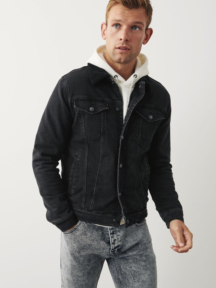 Black Borg Collar Denim Jacket - Image 1 of 5
