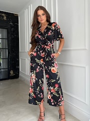 Girl In Mind Black Petite Trixie Angel Sleeve Culotte Jumpsuit - Image 1 of 4