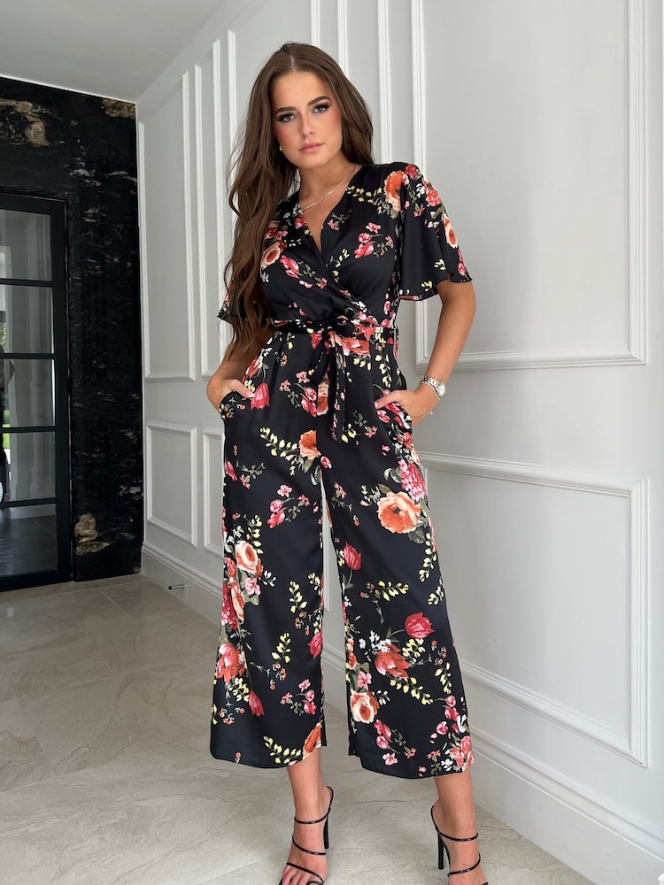 Girl In Mind Black Petite Trixie Angel Sleeve Culotte Jumpsuit - Image 1 of 4
