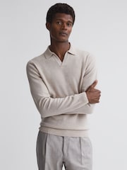 Reiss Oatmeal Melange Swifts Merino Wool Open Collar Top - Image 1 of 5