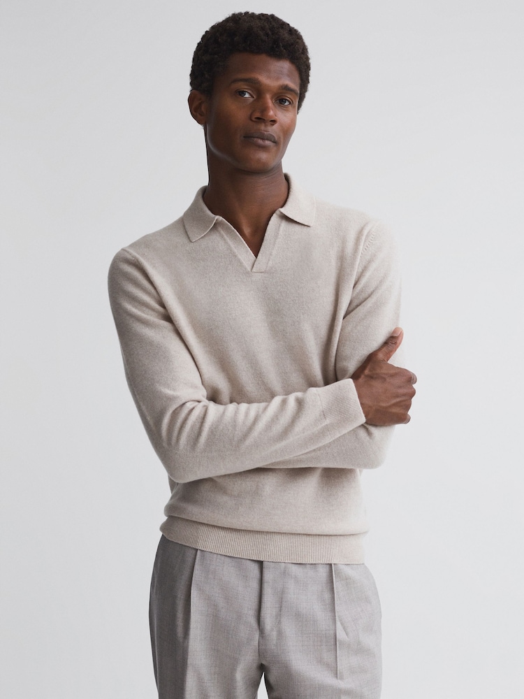 Reiss Oatmeal Melange Swifts Merino Wool Open Collar Top - Image 1 of 5