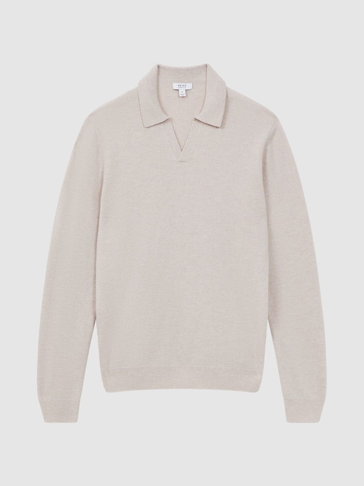 Reiss Oatmeal Melange Swifts Merino Wool Open Collar Top - Image 2 of 5