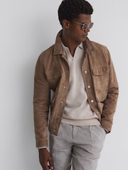 Reiss Oatmeal Melange Swifts Merino Wool Open Collar Top - Image 3 of 5