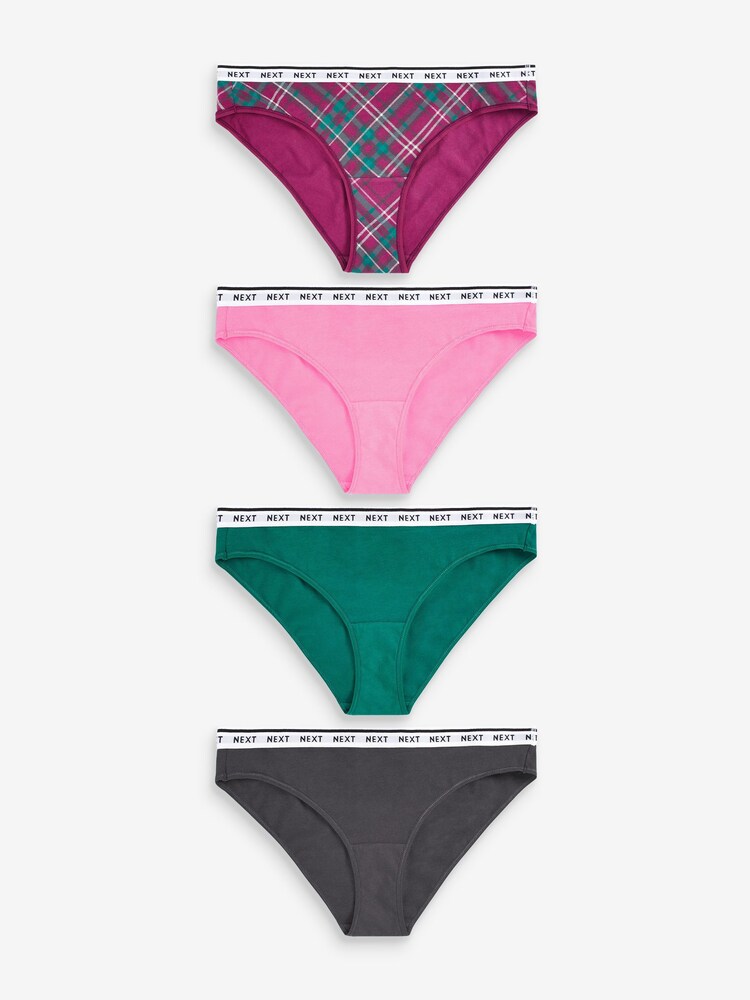 Pink/Purple Check Bikini Cotton Rich Logo Knickers 4 Pack - Image 1 of 10