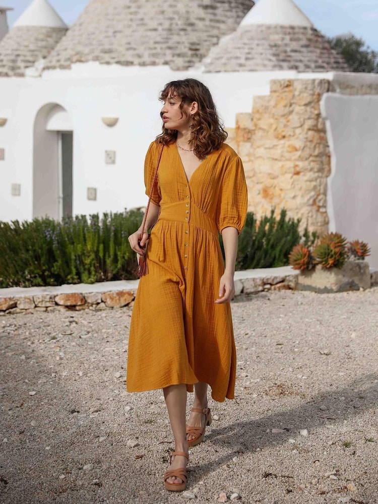 By Iris Yellow Mallory 100% Cotton Buttoned Midi Dress - Image 2 of 4