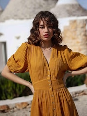 By Iris Yellow Mallory 100% Cotton Buttoned Midi Dress - Image 3 of 4