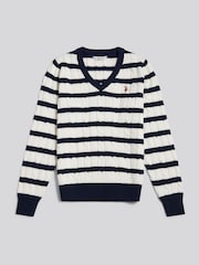 Crema - U.S. Polo Assn. V-Neck Striped Cable Knit Jumper - Imagen 1 de 2