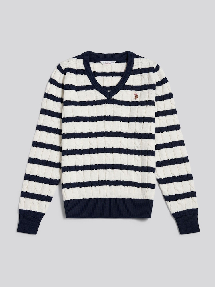 Crema - U.S. Polo Assn. V-Neck Striped Cable Knit Jumper - Imagen 1 de 2