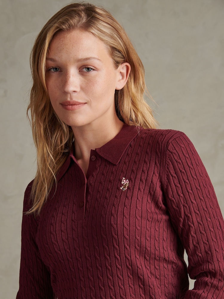 U.S. Polo Assn. Red Signature Cable Knit Polo Shirt - Image 2 of 4 U.S. Polo Assn. Red Signature Cable Knit Polo Shirt - Image 2 of 4