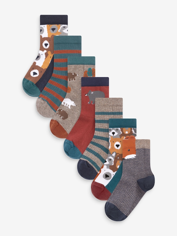 Brown Animal Stripe Cotton Rich Socks 7 Pack - Image 1 of 1