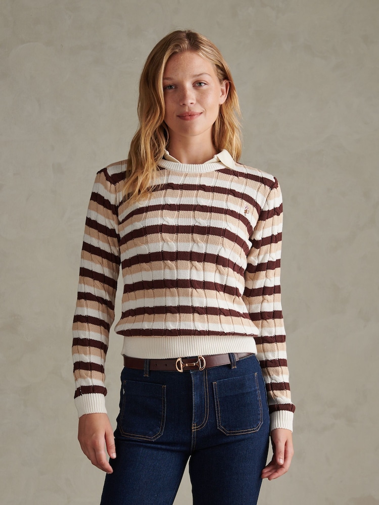 Natural - U.S. Polo Assn Stripe Crew Neck Cable Jumper - Imagen 1 de 6