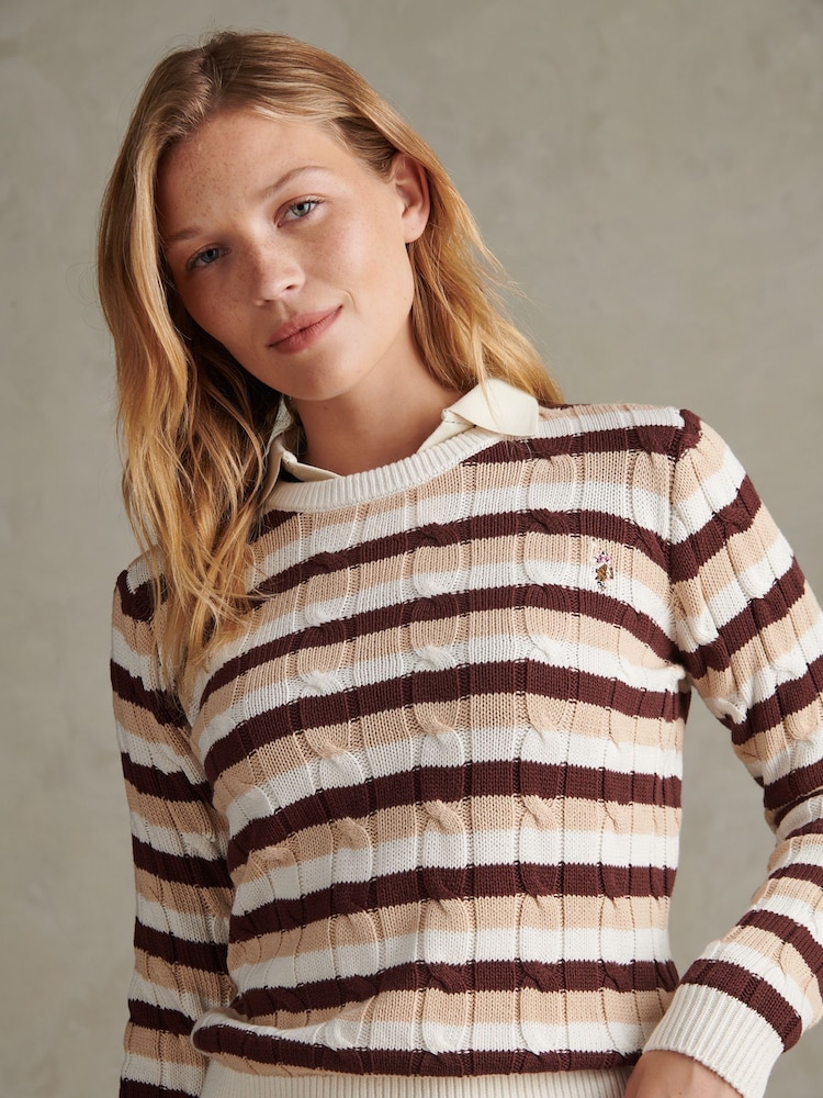 Natural - U.S. Polo Assn Stripe Crew Neck Cable Jumper - Imagen 2 de 6