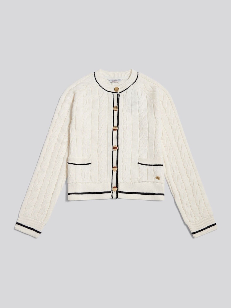 U.S. Polo Assn Cream Gold Button Tipped Cable Knit Cardigan - Image 1 of 2 U.S. Polo Assn Cream Gold Button Tipped Cable Knit Cardigan - Image 1 of 2