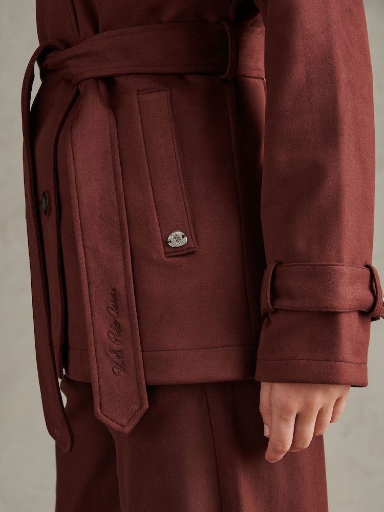 U.S. Polo Assn. Dark Brown Short Suedette Belted Trench Coat - Image 2 of 10 U.S. Polo Assn. Dark Brown Short Suedette Belted Trench Coat - Image 2 of 10