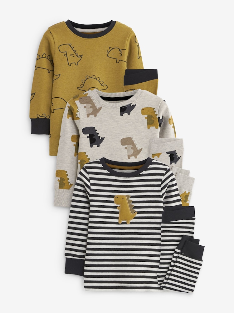 Citrine Yellow Dinosaur Snuggle Pyjamas 3 Pack (9mths-12yrs) - Image 1 of 6