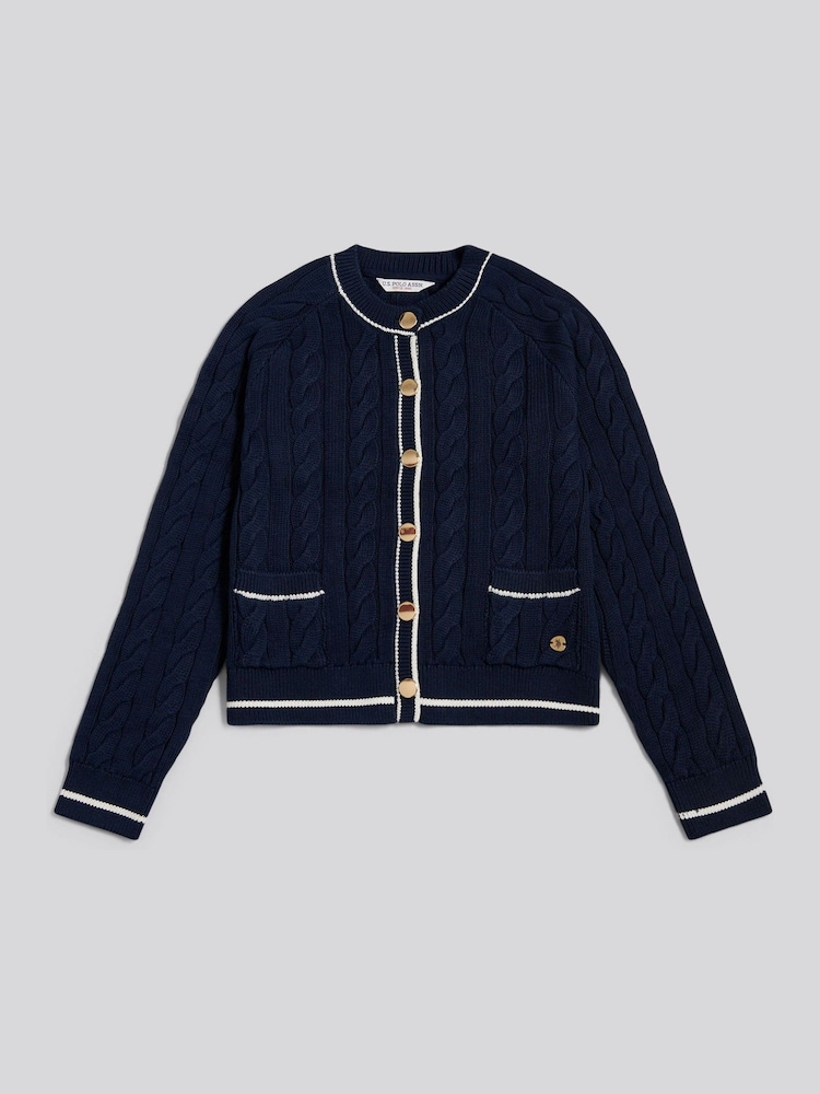 U.S. Polo Assn Blue Gold Button Tipped Cable Knit Cardigan - Image 1 of 2 U.S. Polo Assn Blue Gold Button Tipped Cable Knit Cardigan - Image 1 of 2