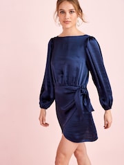 Navy Blue Satin Tie Waist Mini Dress - Image 1 of 4