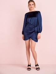 Navy Blue Satin Tie Waist Mini Dress - Image 3 of 4