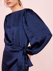 Navy Blue Satin Tie Waist Mini Dress - Image 4 of 4
