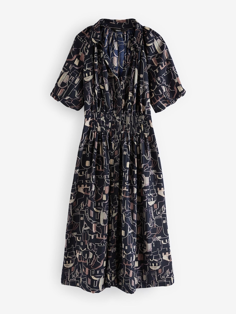 Navy Blue Scene Print Puff Sleeve Midi Dress - Image 2 of 6