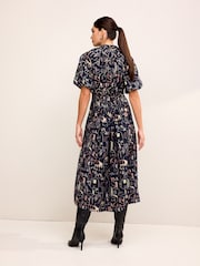 Navy Blue Scene Print Puff Sleeve Midi Dress - Image 6 of 6