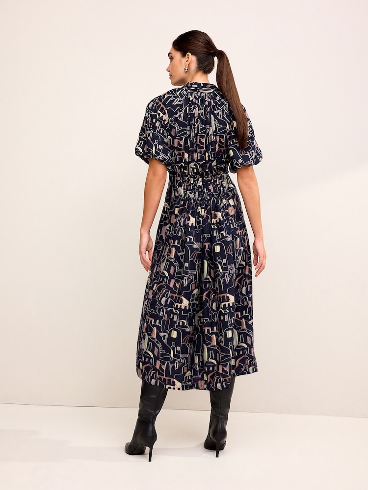 Navy Blue Scene Print Puff Sleeve Midi Dress - Image 6 of 6