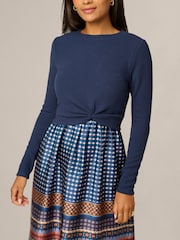 Adrianna Papell Blue Knit Print Combo Dress - Image 5 of 6