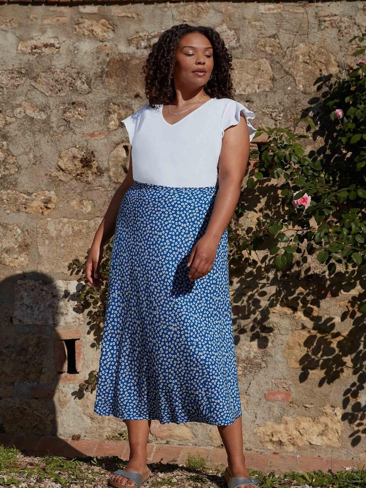 Live Unlimited Blue Ditsy Floral Print Jersey Midi Skirt - Image 1 of 3