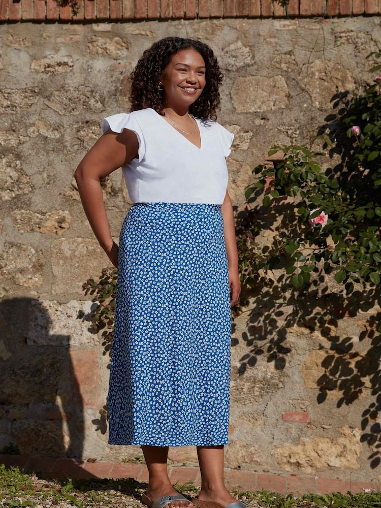 Live Unlimited Blue Ditsy Floral Print Jersey Midi Skirt - Image 3 of 3